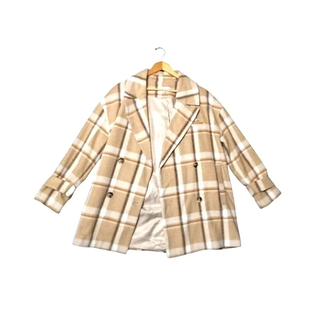 NWT MAISON STELLA & SUZIE Berlioze Plaid Coat Jacket Sz 36 Tan Cream Beige - Picture 1 of 8